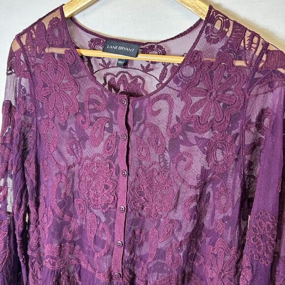Lane Bryant Burgundy Sheer Embroidered Lace Babydoll Peplum LS Top Size 14/16 - Picture 4 of 13